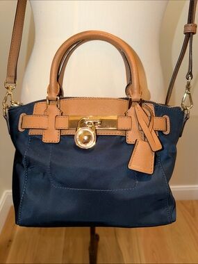 Michael Kors Hamilton Navy and Tan Nylon Satchel Crossbody with Gold Hardware